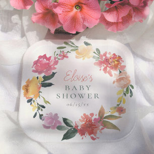 Spring Flowers Elegant Girl Baby Shower Paper Plates