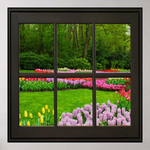 Spring Flowers Faux Window Illusion 24x24 Black Poster