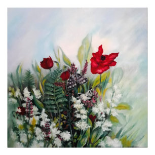 Spring flowers field with poppies and butterflies  photo print