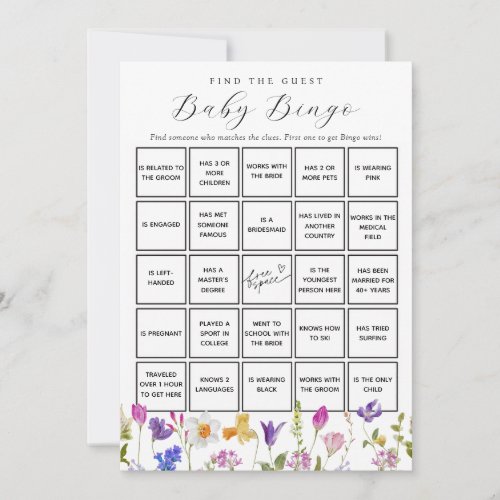 Spring Flowers Find the Guest Baby Bingo Game Card