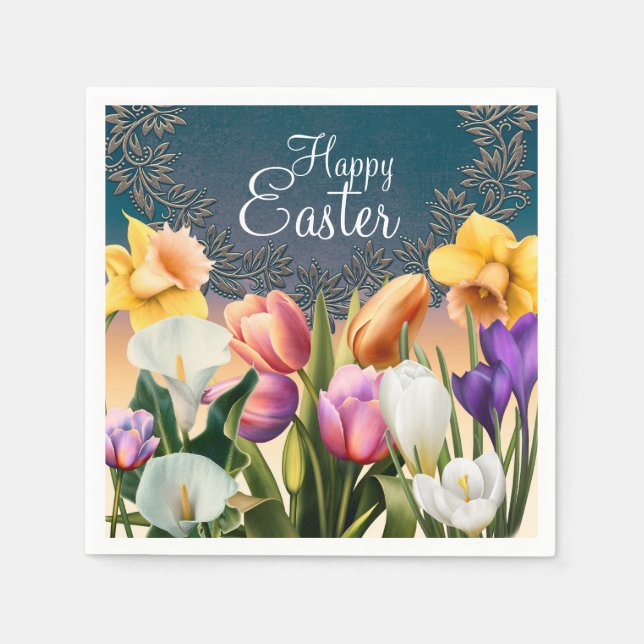 Spring Flowers Floral Frame Elegant Chic Party Paper Napkins (Front)