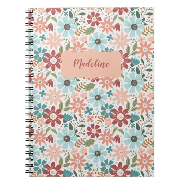 Spring Flowers Floral Notebook in Peach and Blue (Front)