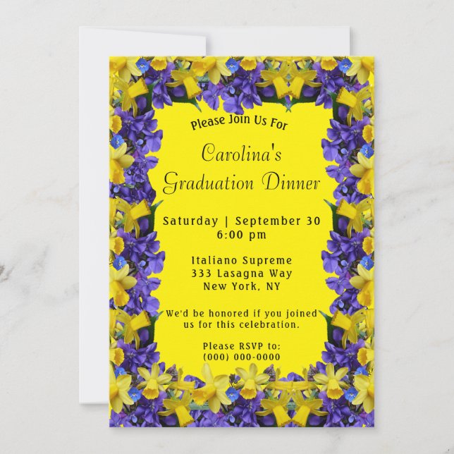 Spring Flowers Frame Yellow Dinner Graduation Invitation (Front)