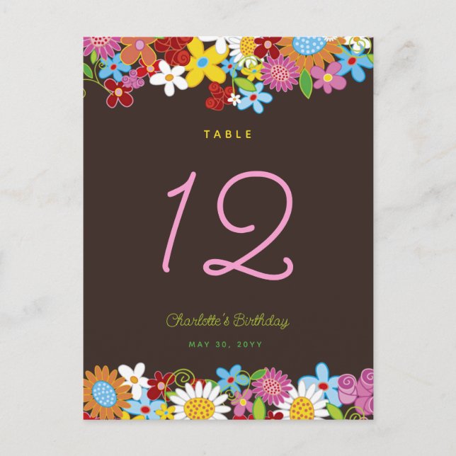 Spring Flowers Garden Birthday Party Table Number (Front)