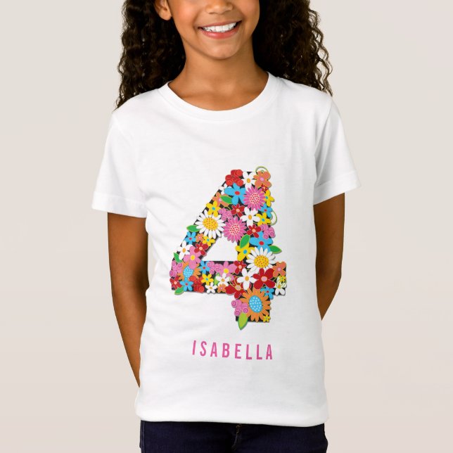 Spring Flowers Garden Four Girl 4th Birthday Party T-Shirt (Front)