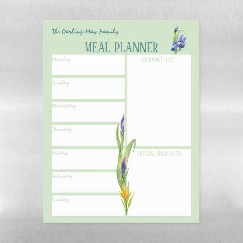 Spring Flowers Green Meal Planner  Shopping List Magnetic Dry Erase Sheet