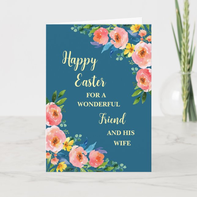 Spring Flowers Happy Easter Friend and His Wife Holiday Card (Front)