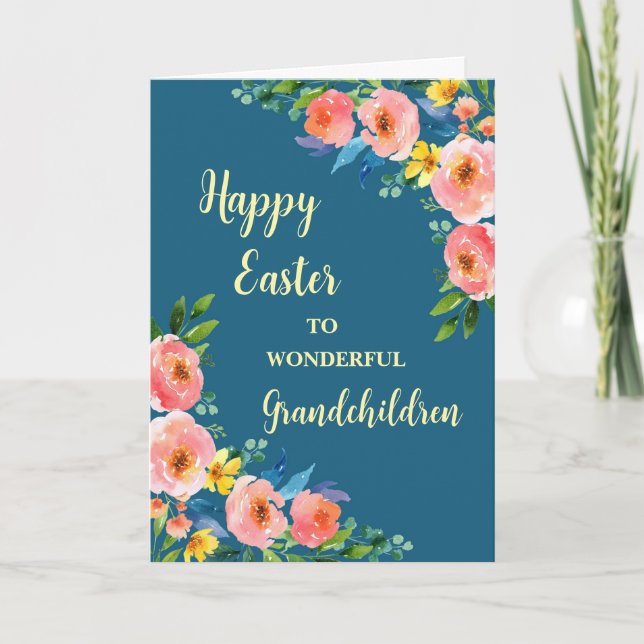Spring Flowers Happy Easter Grandchildren Holiday Card (Front)