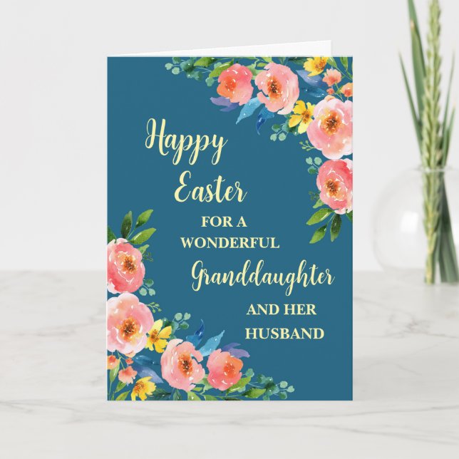 Spring Flowers Happy Easter Granddaughter Husband Holiday Card (Front)