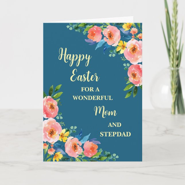 Spring Flowers Happy Easter Mom and Stepdad Holiday Card (Front)