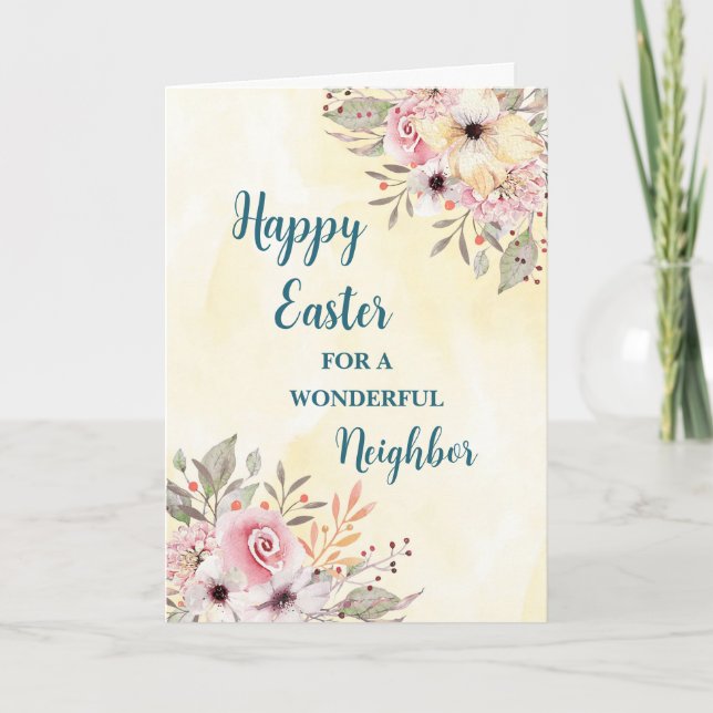 Spring Flowers Happy Easter Neighbor Holiday Card (Front)