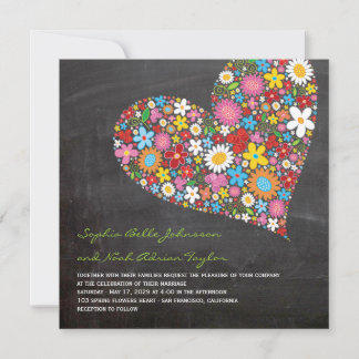 Spring Flowers Heart Whimsical Chalkboard Wedding Invitation