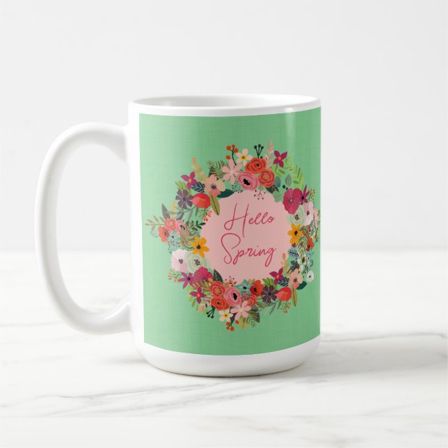 Spring flowers Hello Spring linen personalized  Coffee Mug (Left)