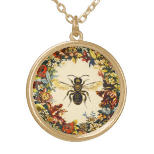 SPRING FLOWERS HONEY BEE / BEEKEEPER BEEKEEPING GOLD PLATED NECKLACE