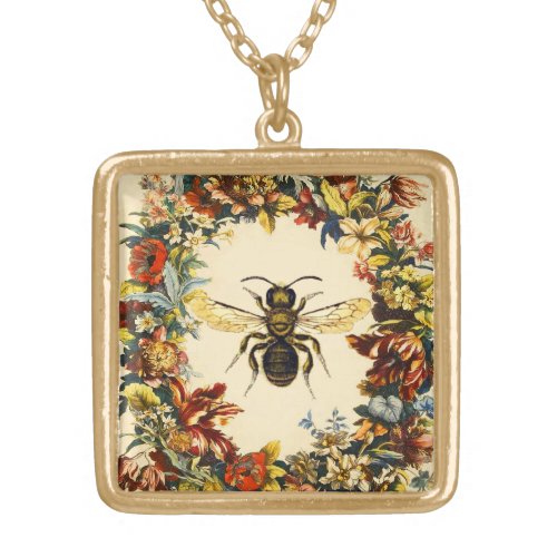 SPRING FLOWERS HONEY BEE  BEEKEEPER BEEKEEPING GOLD PLATED NECKLACE