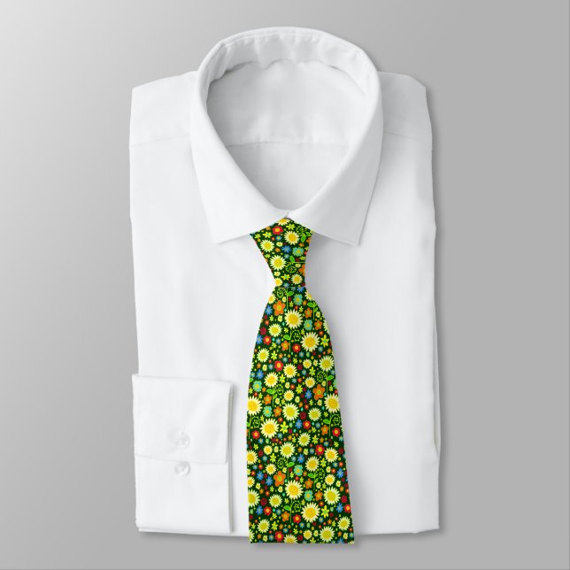 Spring Flowers II - Dark Green Neck Tie (Tied)