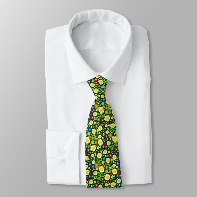 Spring Flowers II - Dark Teal Green Neck Tie (Tied)