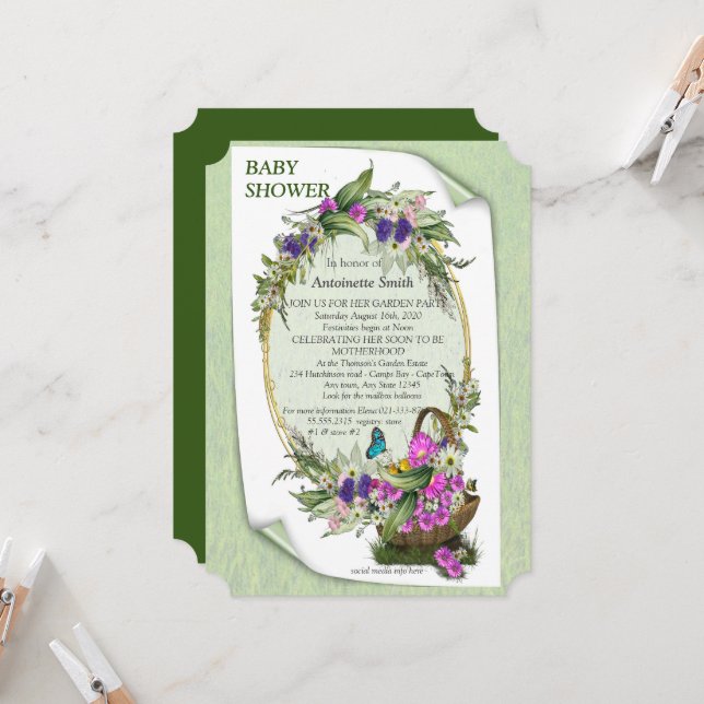 Spring flowers in a Basket Baby Shower Invitation (Front/Back In Situ)