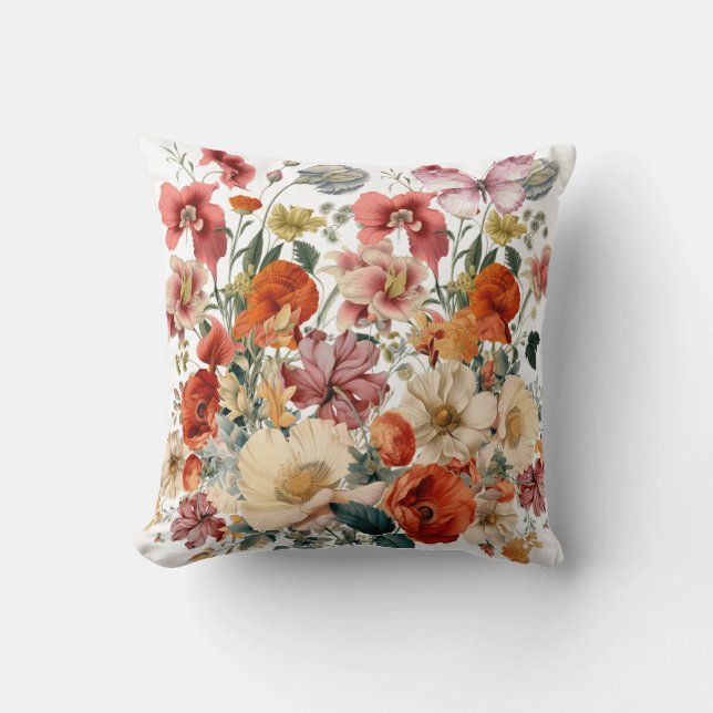 Spring Flowers in Bloom with Butterflies Throw Pillow (Front)