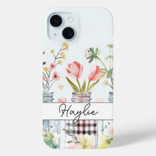 Spring Flowers in Mason Jar Design with Name iPhone 15 Case