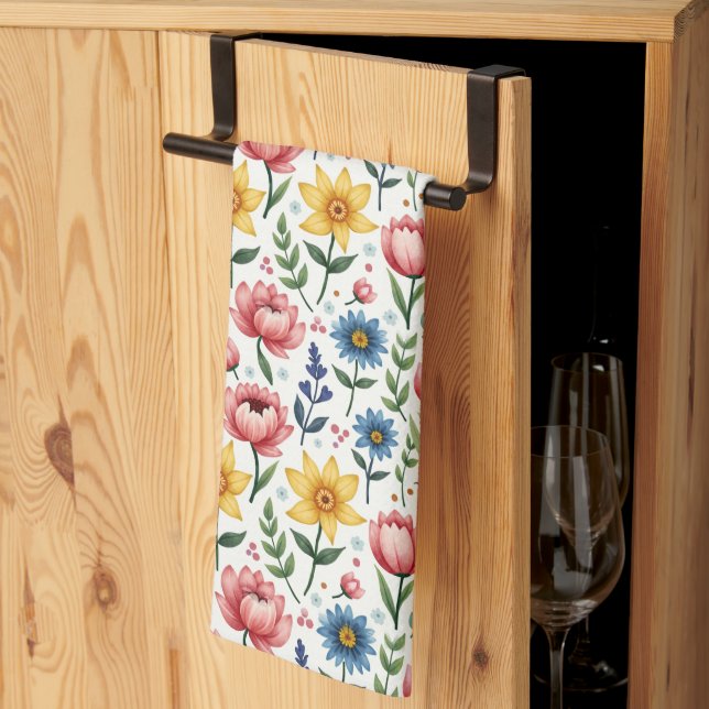 Spring Flowers in Pink Blue and Yellow Kitchen Towel (Thirds Fold)