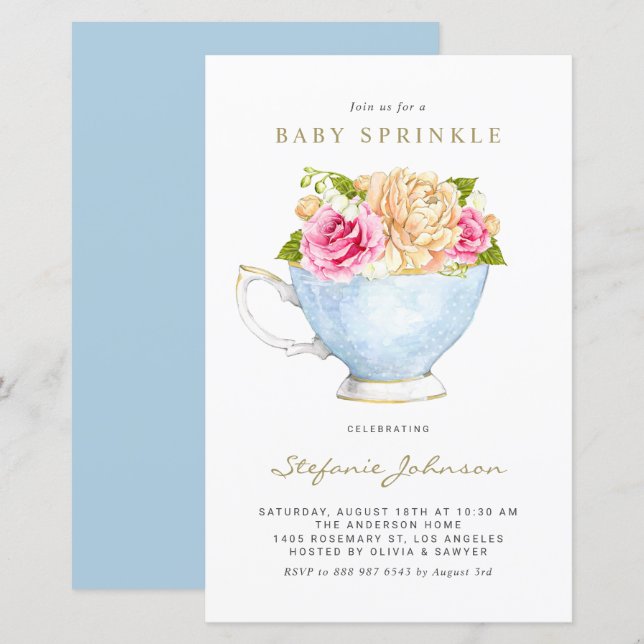 Spring Flowers in Teacup Baby Sprinkle Invitation (Front/Back)