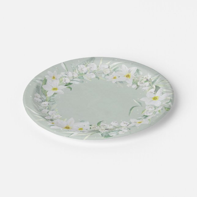 Spring Flowers in White Floral Wreath Paper Plates (Angled)