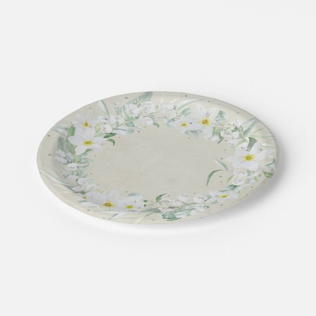 Spring Flowers in White Floral Wreath Paper Plates (Angled)