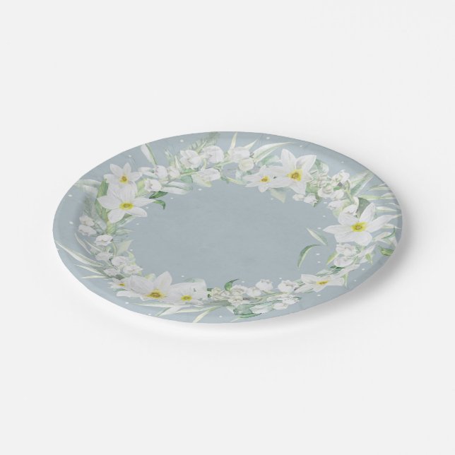 Spring Flowers in White Floral Wreath Paper Plates (Angled)