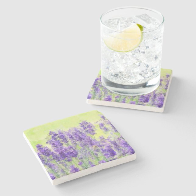 Spring Flowers Lavender Watercolor Floral Stone Coaster (Side)