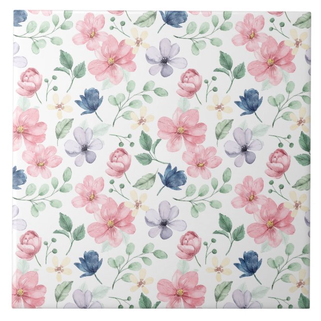 Spring Flowers & Leaves Pattern Ceramic Tile (Front)