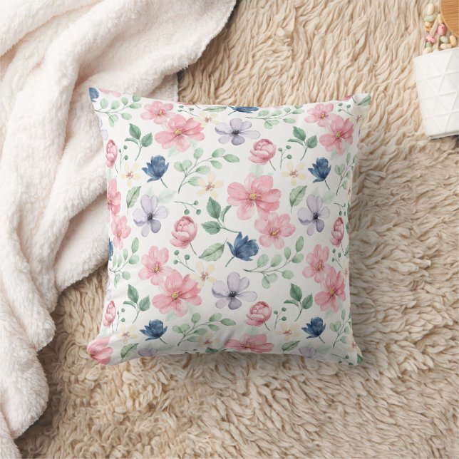 Spring Flowers & Leaves Pattern Throw Pillow (Blanket)