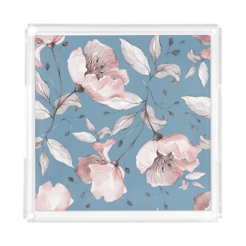 Spring flowers leaves seamless design acrylic tray