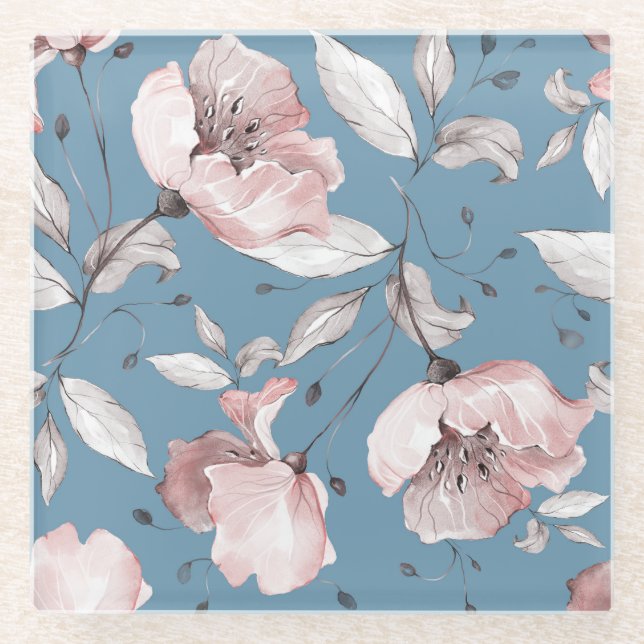 Spring flowers, leaves, seamless design glass coaster (Front)