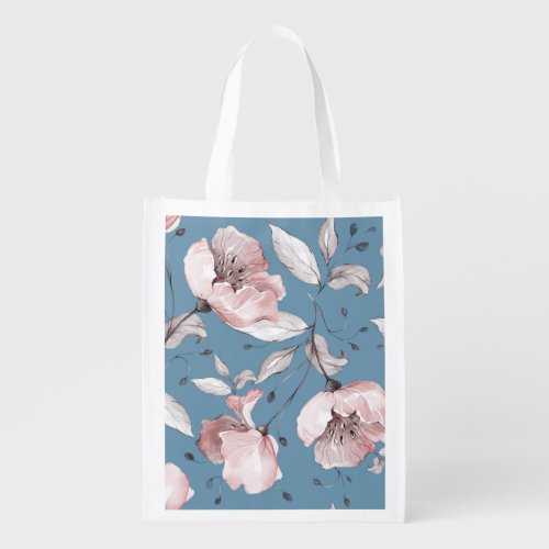 Spring flowers leaves seamless design grocery bag