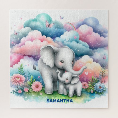 Spring flowers mommy and her baby elephant rainbow jigsaw puzzle