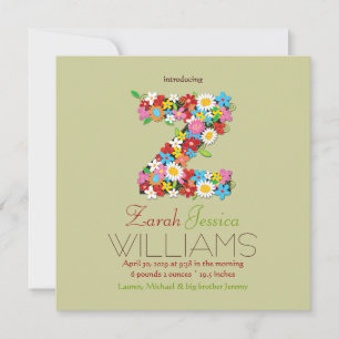 Spring Flowers Monogram Baby Girl Photo Birth Announcement