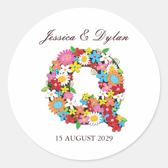 Spring Flowers Monogram Q Wedding Sticker (Front)
