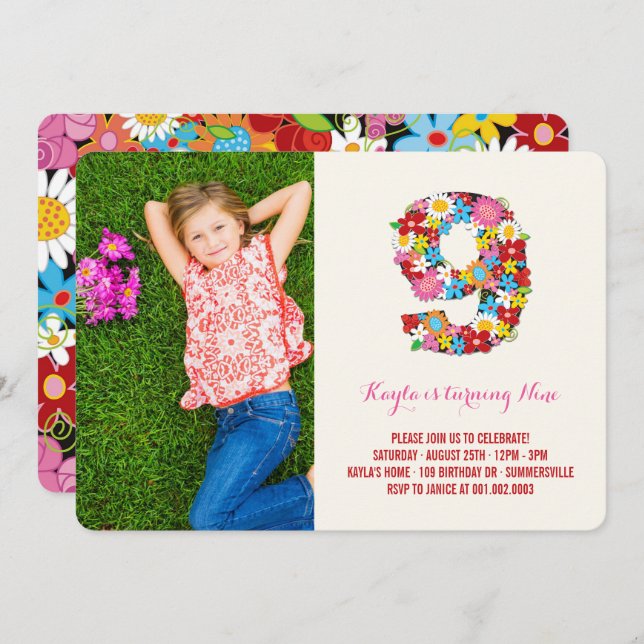 Spring Flowers Nine Girl 9th Birthday Photo Invite (Front/Back)