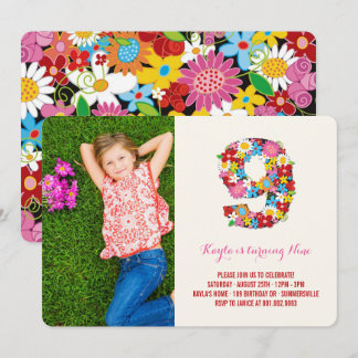 Spring Flowers Nine Girl 9th Birthday Photo Invite