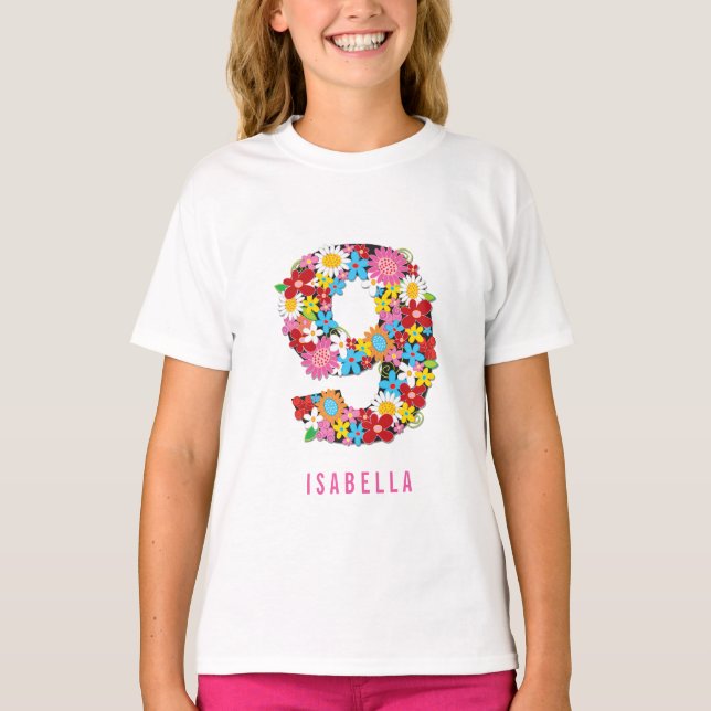 Spring Flowers Number Nine Girl 9th Birthday Party T-Shirt (Front)