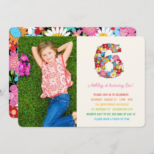 Spring Flowers Number Six Girl 6th Birthday Photo Invitation