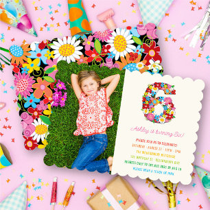 Spring Flowers Number Six Girl 6th Birthday Photo Invitation