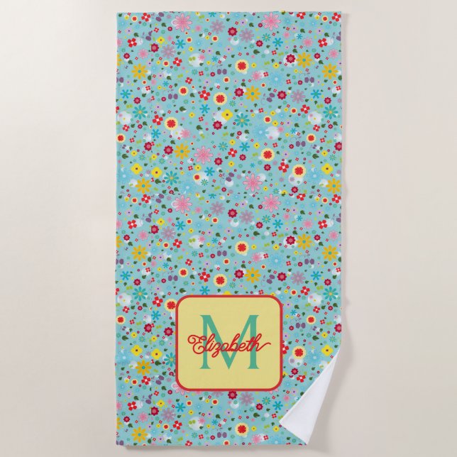 Spring Flowers on Aqua Blue Monogram Beach Towel (Front)