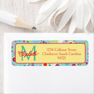 Spring Flowers on Aqua Blue Monogram Label