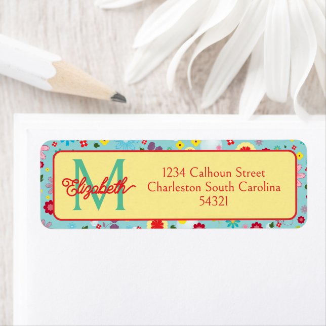 Spring Flowers on Aqua Blue Monogram Label (Insitu)