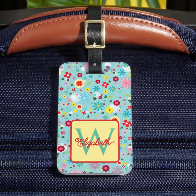 Spring Flowers on Aqua Blue Monogram Luggage Tag (Front Insitu 2)