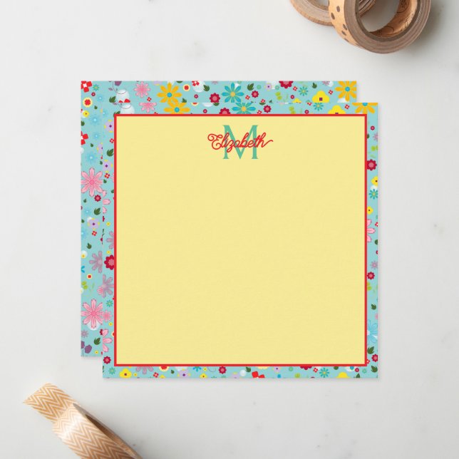Spring Flowers on Aqua Blue Monogram Note Card (Front/Back In Situ)