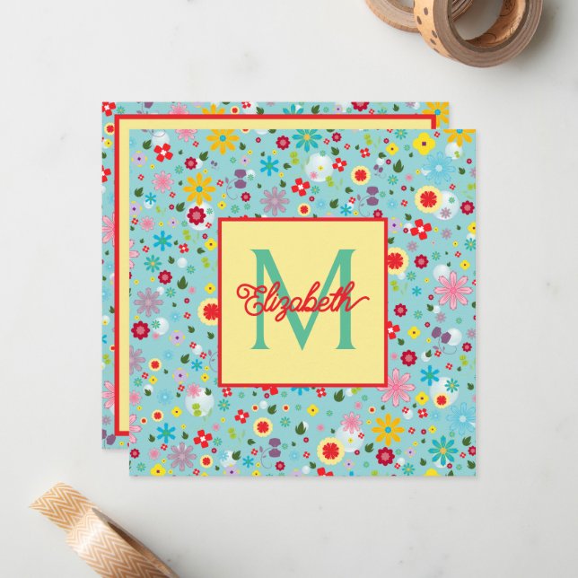 Spring Flowers on Aqua Blue Monogram Note Card (Front/Back In Situ)