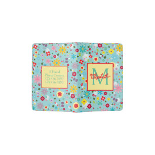 Spring Flowers on Aqua Blue Monogram Passport Holder